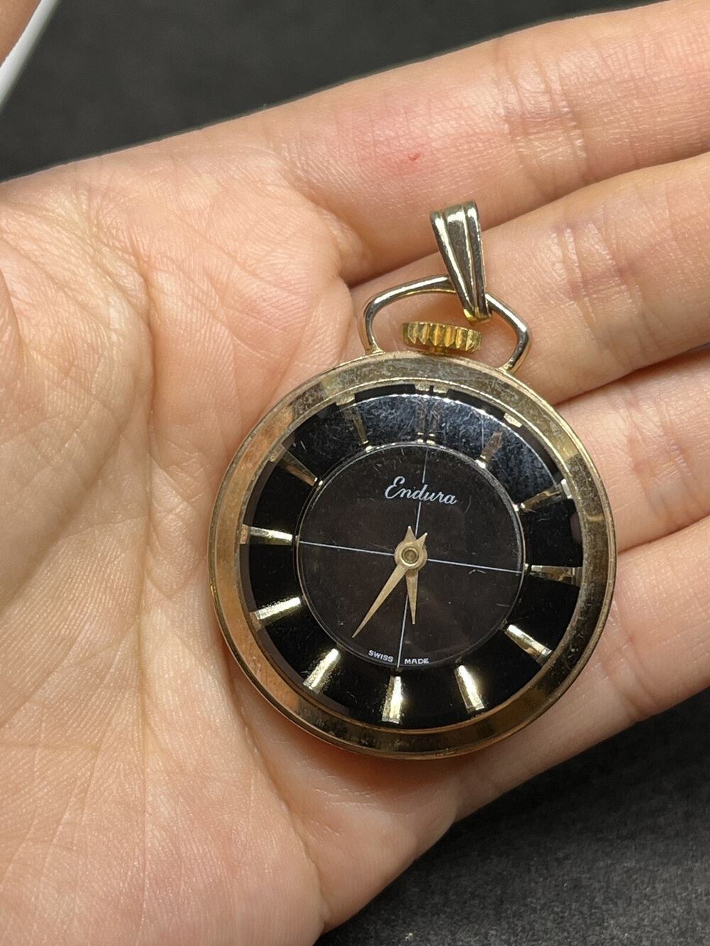 Vintage Endura Black Golden Swiss Engraved Floral Pocket Pendant Watch Working